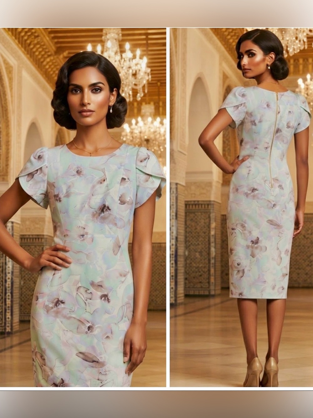Elegant Floral Sheath Dress in Pale Mint